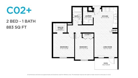 Floor plan for 2 beds, 2 baths, 963 sqft