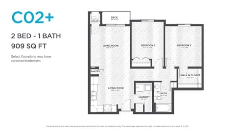 Floor plan for 2 beds, 1 bath, 892 sqft