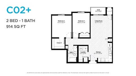 Floor plan for 2 beds, 1 bath, 892 sqft