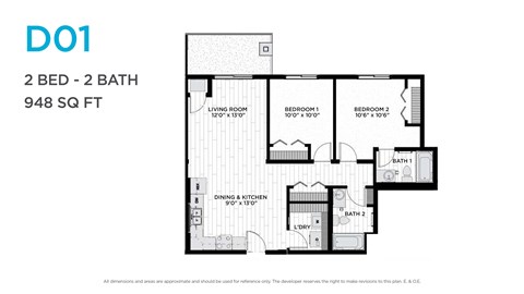 Floor plan for 2 beds, 2 baths, 948 sqft