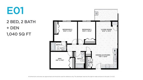 Floor plan for 2 beds, 2 baths, 1040 sqft