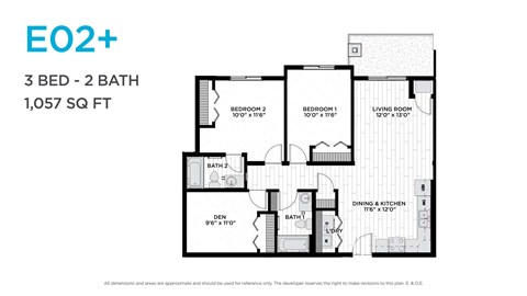 Floor plan for 3 beds, 2 baths, 1057 sqft
