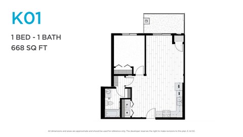 Floor plan for 1 bed, 1 bath, 576 sqft