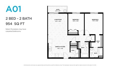 Floor plan for 2 beds, 2 baths, 954 sqft