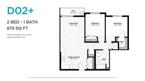 Floor plan for 2 beds, 1 bath, 862 sqft