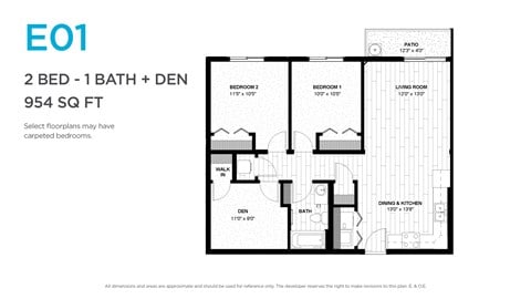 Floor plan for 2 beds, 1 bath, 954 sqft