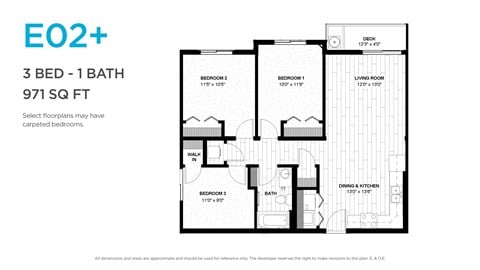 Floor plan for 3 beds, 1 bath, 971 sqft