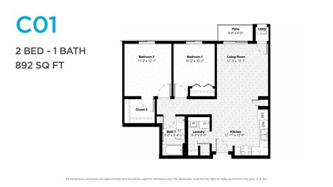 Floor plan for 2 beds, 1 bath, 892 sqft