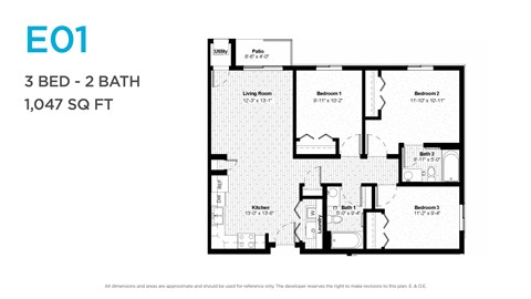 Floor plan for 3 beds, 2 baths, 1047 sqft