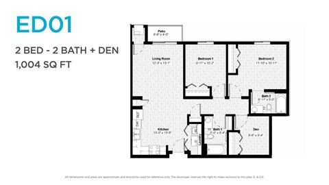 Floor plan for 2 beds, 2 baths, 1047 sqft