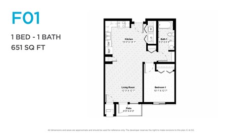 Floor plan for 1 bed, 1 bath, 651 sqft