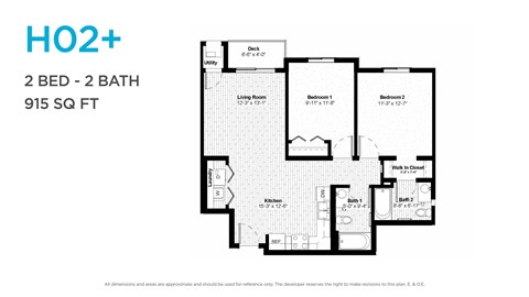 Floor plan for 2 beds, 2 baths, 915 sqft