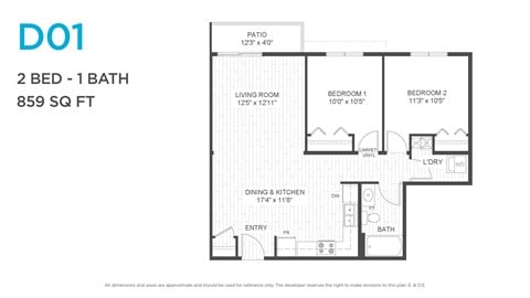 Floor plan for 2 beds, 1 bath, 859 sqft