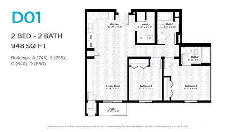 Floor plan for 2 beds, 2 baths, 970 sqft