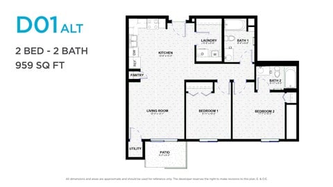 Floor plan for 2 beds, 2 baths, 880 sqft