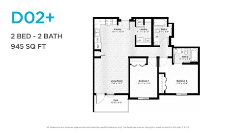 Floor plan for 2 beds, 2 baths, 880 sqft