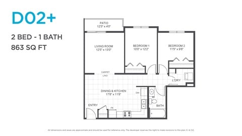 Floor plan for 2 beds, 1 bath, 850 sqft