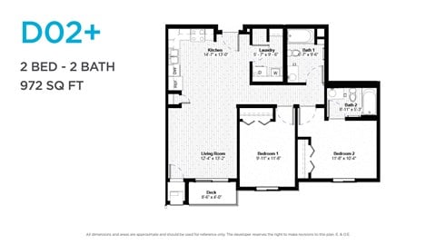 Floor plan for 2 beds, 2 baths, 908 sqft