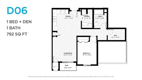Floor plan for 1 bed, 1 bath, 792 sqft