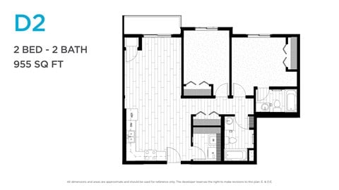 Floor plan for 2 beds, 2 baths, 938 sqft