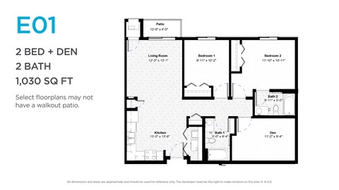 Floor plan for 2 beds, 2 baths, 1030 sqft