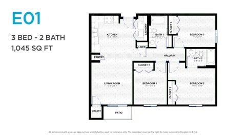 Floor plan for 3 beds, 2 baths, 1030 sqft