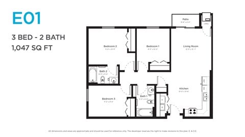 Floor plan for 3 beds, 2 baths, 1047 sqft