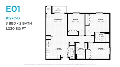 Floor plan for 3 beds, 2 baths, 1053 sqft