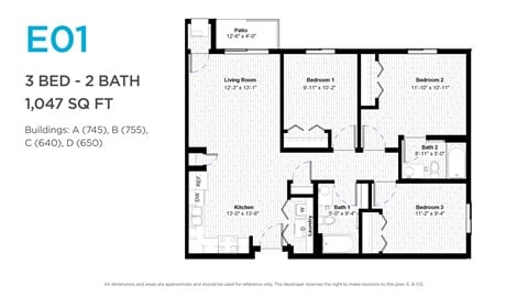 Floor plan for 3 beds, 2 baths, 1102 sqft