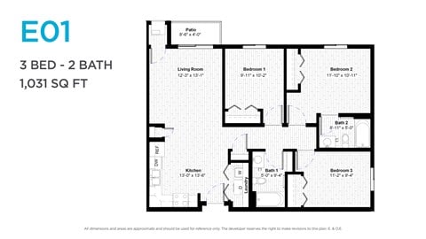 Floor plan for 3 beds, 2 baths, 1031 sqft