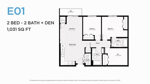 Floor plan for 2 beds, 2 baths, 1031 sqft