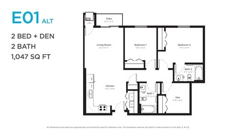 Floor plan for 2 beds, 2 baths, 1047 sqft