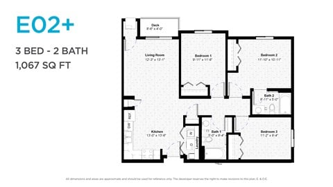 Floor plan for 3 beds, 2 baths, 1047 sqft