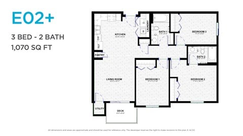 Floor plan for 3 beds, 2 baths, 1054 sqft