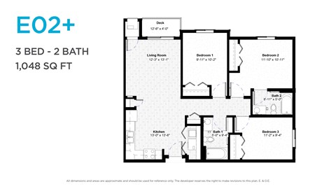 Floor plan for 3 beds, 2 baths, 1048 sqft