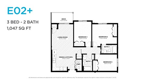 Floor plan for 3 beds, 2 baths, 1047 sqft