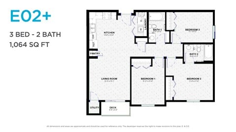 Floor plan for 3 beds, 2 baths, 1044 sqft