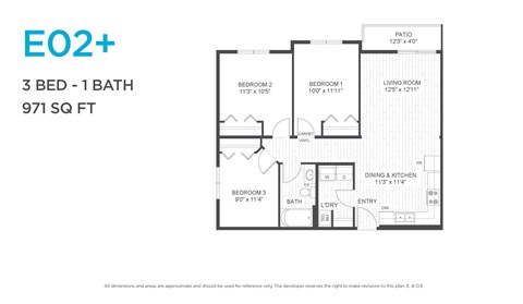 Floor plan for 3 beds, 1 bath, 971 sqft
