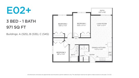 Floor plan for 3 beds, 1 bath, 971 sqft