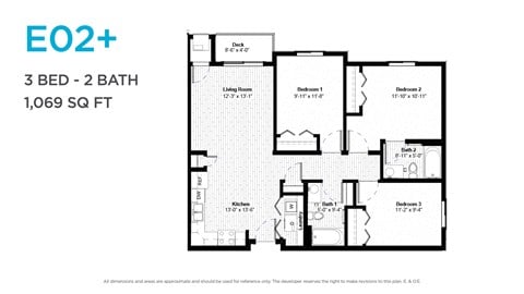 Floor plan for 3 beds, 2 baths, 1047 sqft