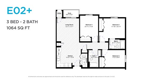 Floor plan for 3 beds, 2 baths, 1064 sqft