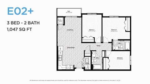 Floor plan for 3 beds, 2 baths, 1047 sqft
