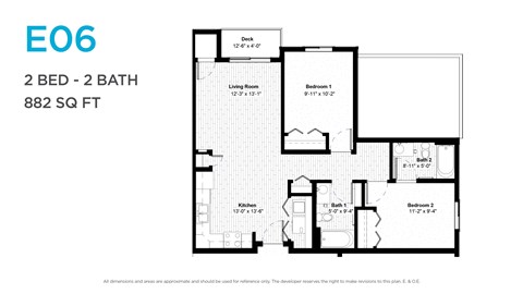 Floor plan for 2 beds, 2 baths, 933 sqft