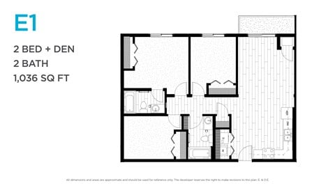 Floor plan for 2 beds, 2 baths, 1036 sqft