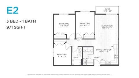 Floor plan for 3 beds, 1 bath, 971 sqft