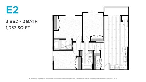 Floor plan for 3 beds, 2 baths, 1053 sqft