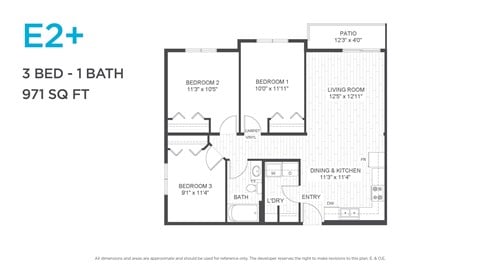 Floor plan for 3 beds, 1 bath, 971 sqft