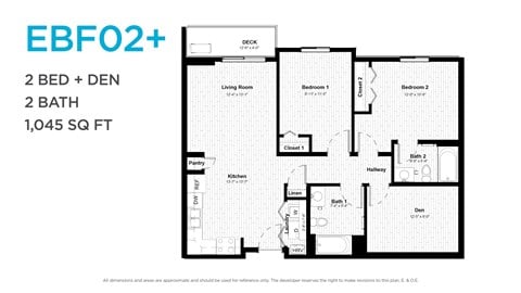 Floor plan for 2 beds, 2 baths, 1055 sqft