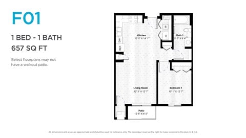Floor plan for 1 bed, 1 bath, 652 sqft