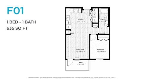 Floor plan for 1 bed, 1 bath, 619 sqft